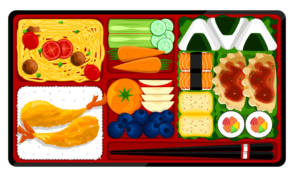 A photo of a Japanese bento box with compartments filled with rice,おかず (okazu, savory side dishes), and pickled vegetables.