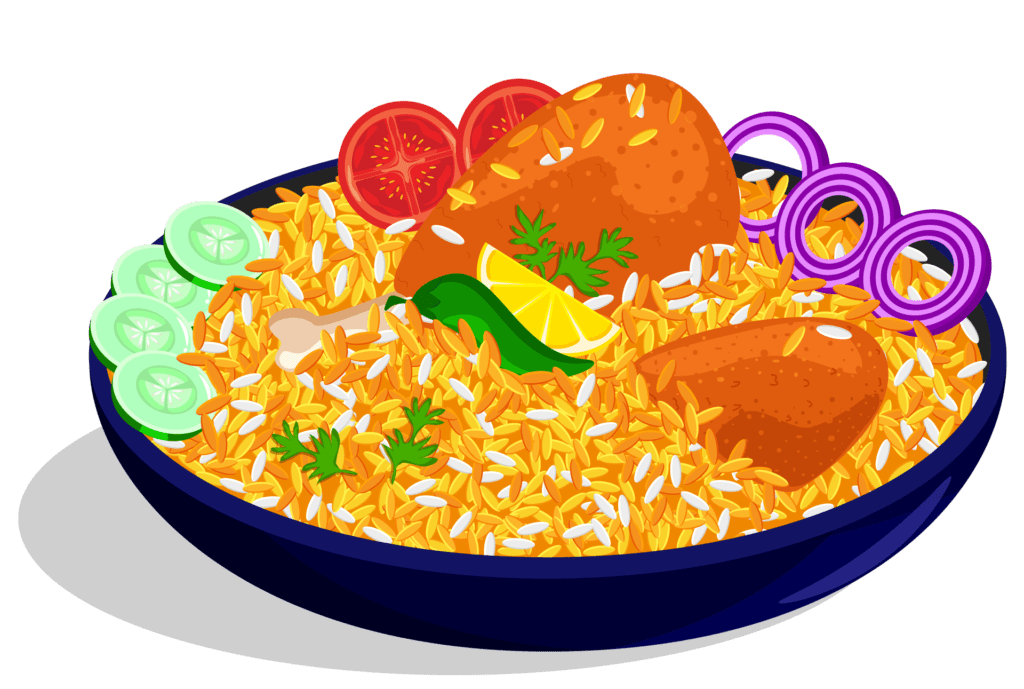 A plate of biryani with chicken and vegetables.