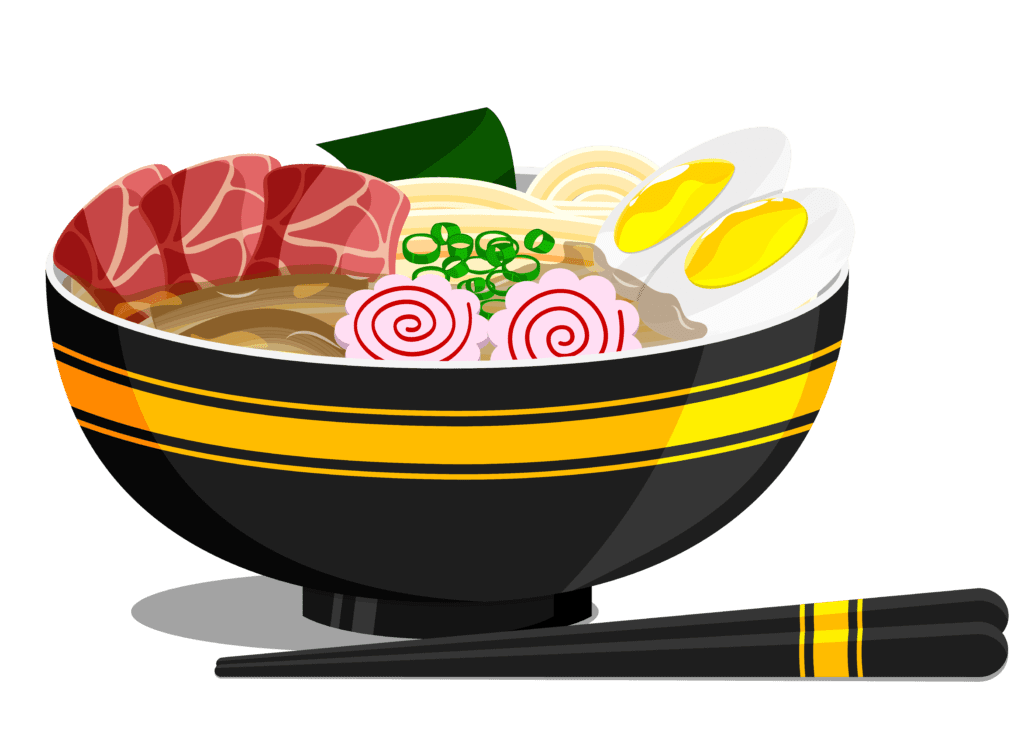 A close-up photo of a steaming bowl of ramen noodles with meat, egg, vegetables, and chopsticks.