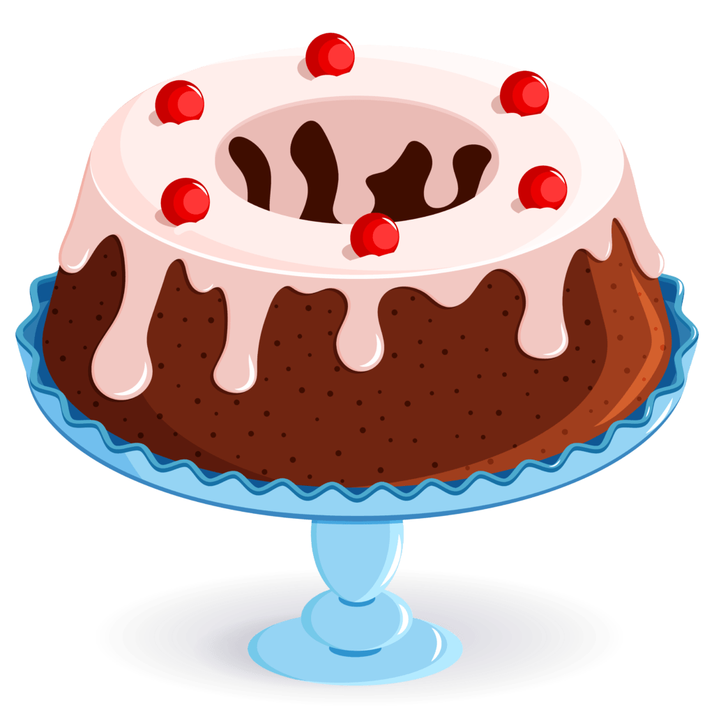 Image of a bundt cake with white frosting and cherries on a blue cake stand.