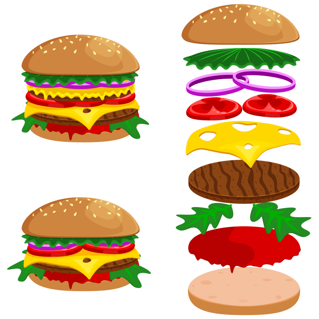 Illustration of a hamburger with a beef patty, cheese, lettuce, tomato, onion, ketchup,