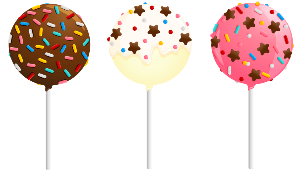 Three cake pops decorated with colorful sprinkles and frosting