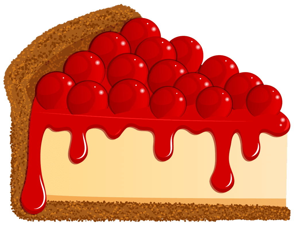 Photo of a slice of New York-style cheesecake with a cherry on top and strawberry sauce on a plate.