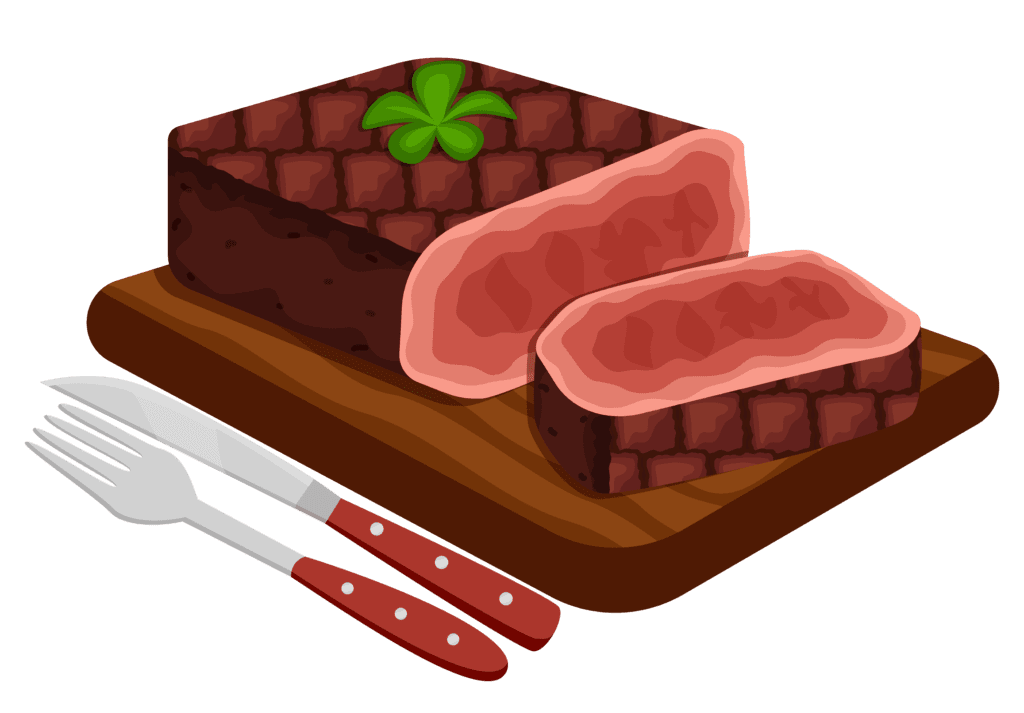 Image of a sliced steak on a cutting board with a fork and knife.