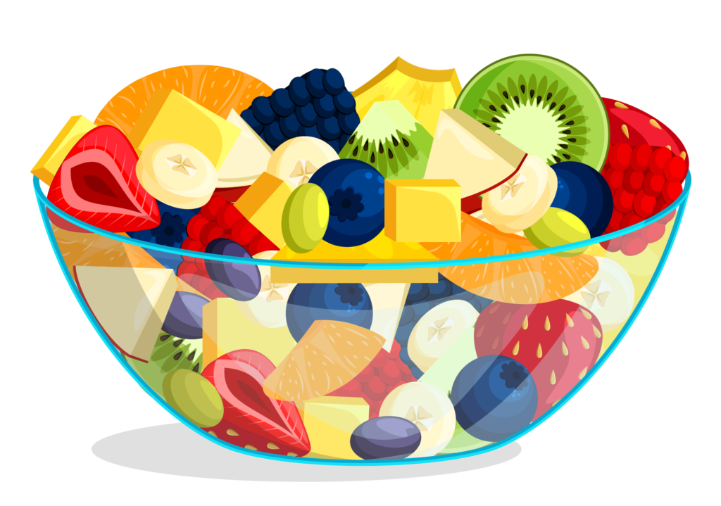 A fruit salad in a glass bowl on a Transparent background.