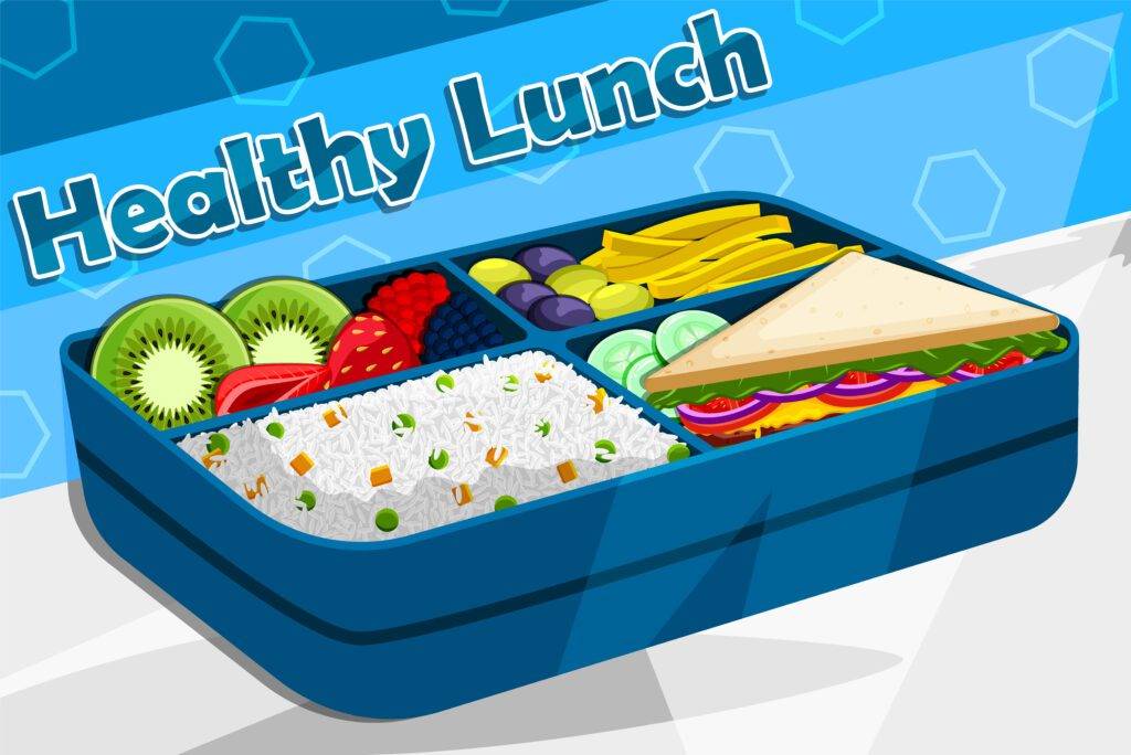 Blue lunch box with a well-balanced meal: sandwich, rice, fruits, and vegetables. Free high-resolution image download.