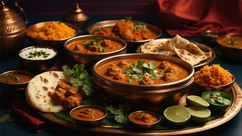 Indian curry spread: a variety of curries, breads, and garnishes on a table. Free high-resolution image for download.