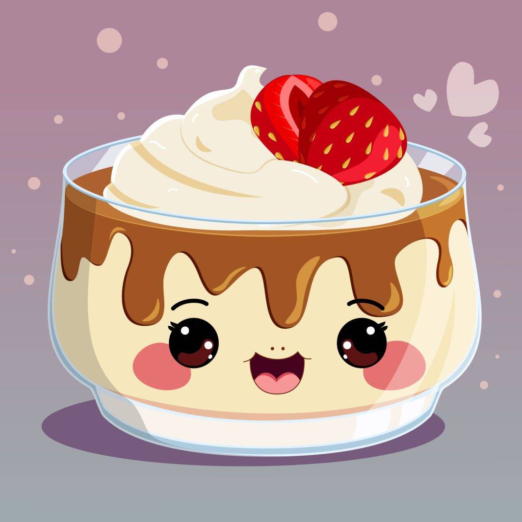 A cartoon illustration of a pudding bowl filled with light brown pudding, topped with whipped cream and a fresh strawberry.