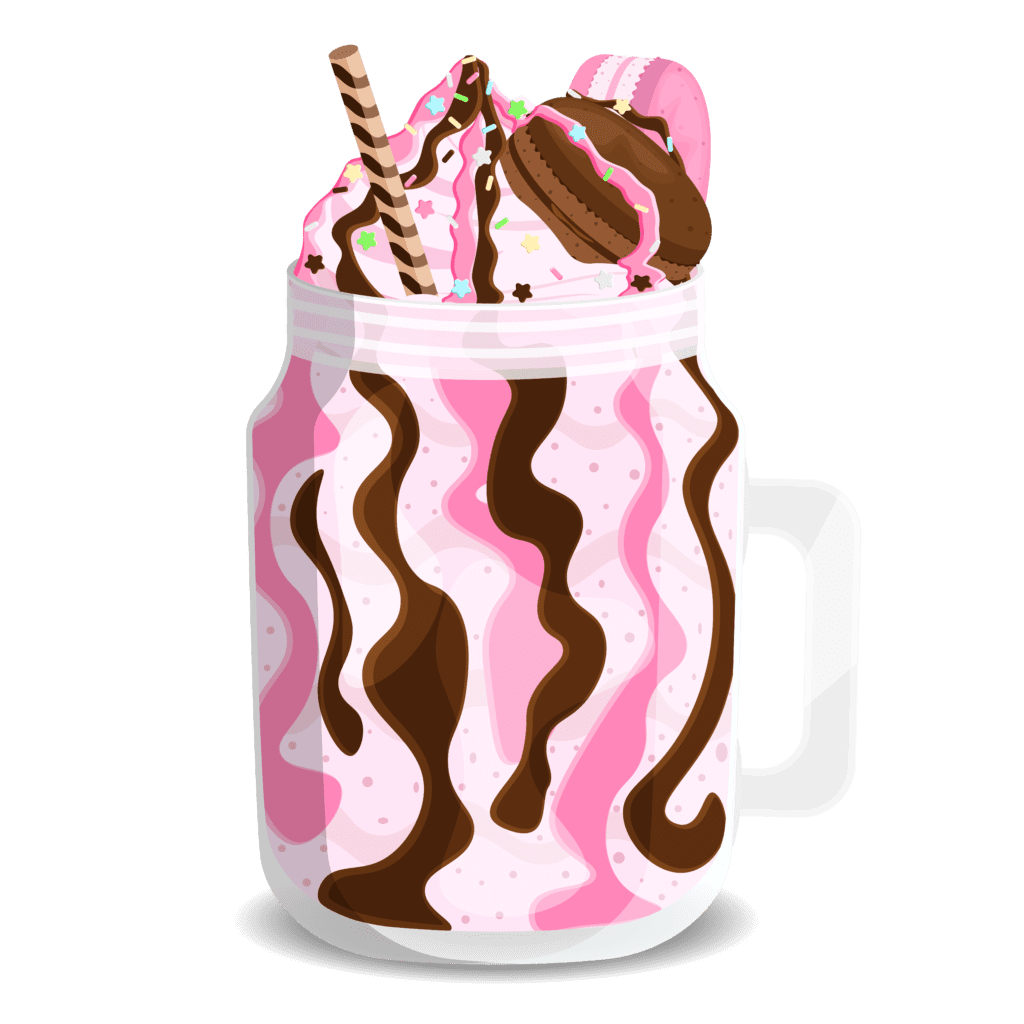 A photo of a strawberry chocolate milkshake in a mason jar. The milkshake is topped with whipped cream, a cherry, and a chocolate straw.